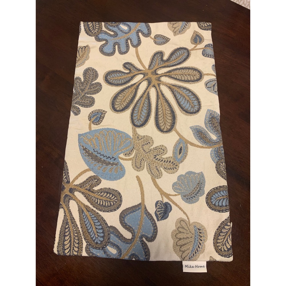 Mika Home Blue Tan Jacquard Floral Leaf Lumbar Throw Pillow Cover 12x20